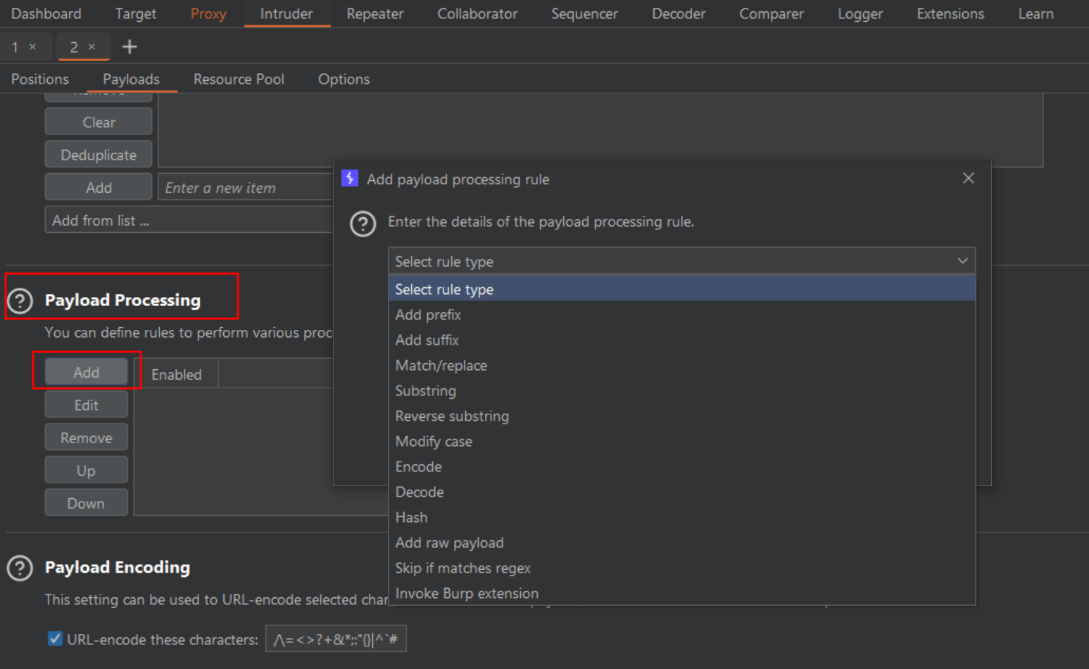 BurpSuite Intruder Payload processing